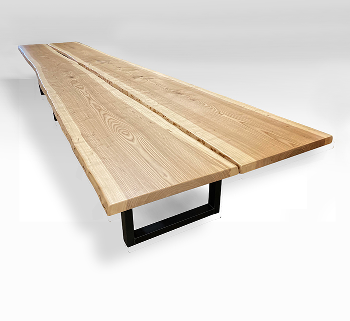 18' Live Edge Ash Slab Conference Table - Matte Clear with Natural Steel Base