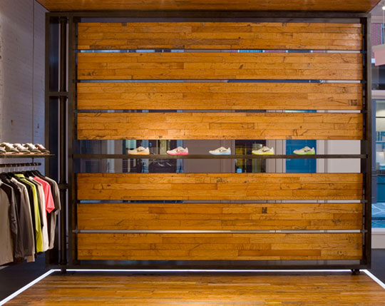 reclaimed factory maple used in Nike retail display