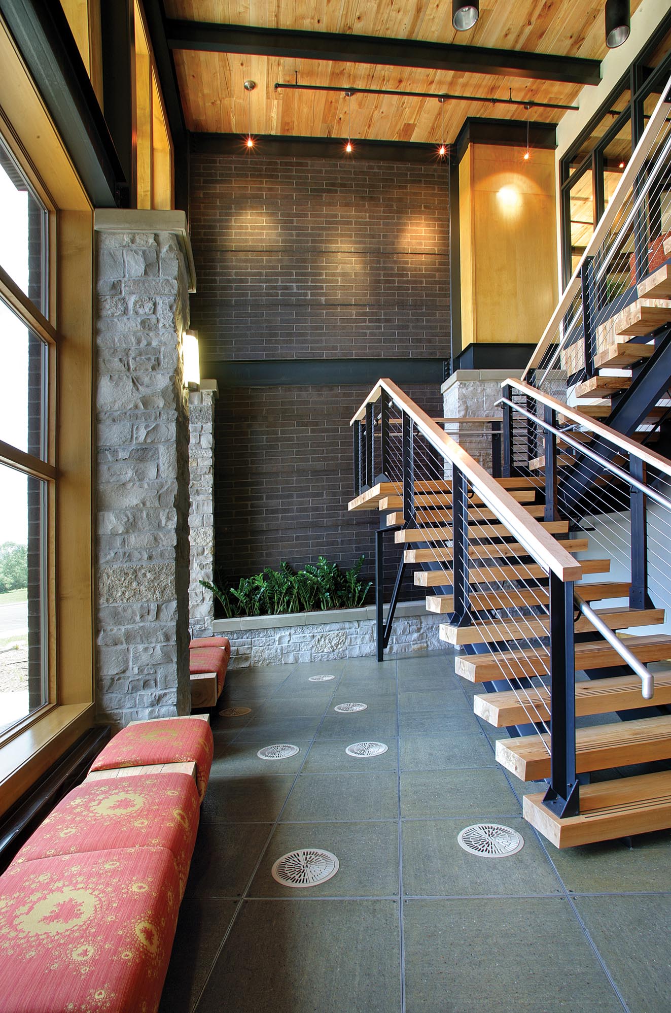 Reclaimed Ceiling Material and Stair Treads in US Venture Reception Area