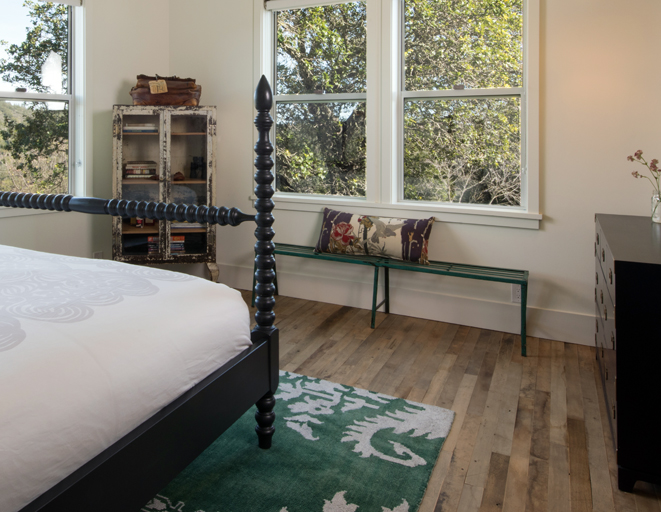 Reclaimed Factory Maple Flooring in Bedroom of Vineyard Retreat